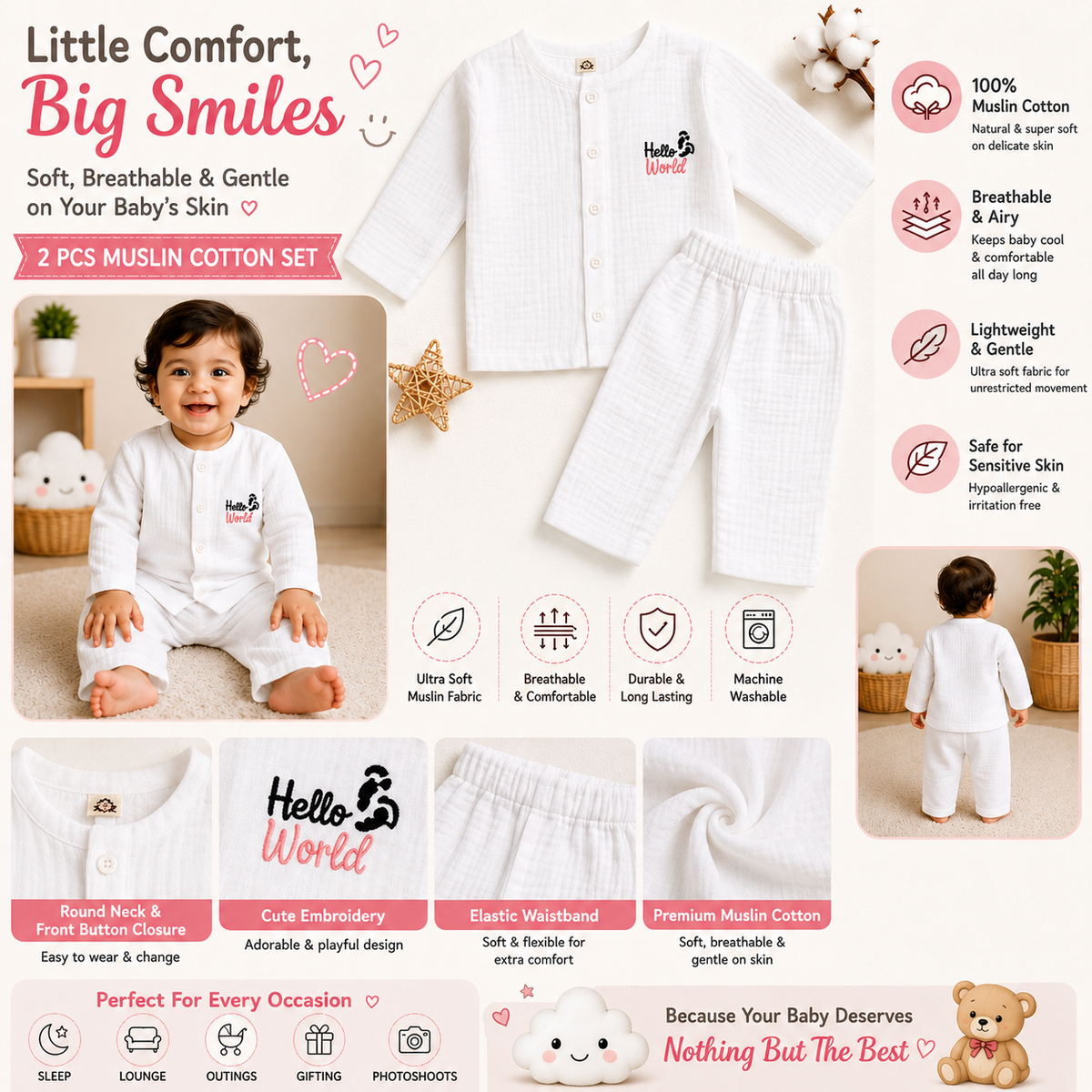 White Muslin Cotton Baby Clothing Set with Hello World Embroidery – Soft Breathable 2 Piece Infant Outfit Infographic