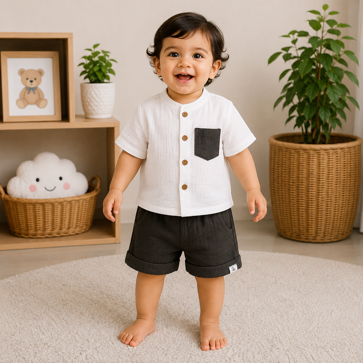 Smile Baby White and Dark Grey Muslin Cotton Baby Boys Co-Ord Set with Mandarin Collar Shirt and Dark Grey Shorts for Babies 3 Months to 3 Years