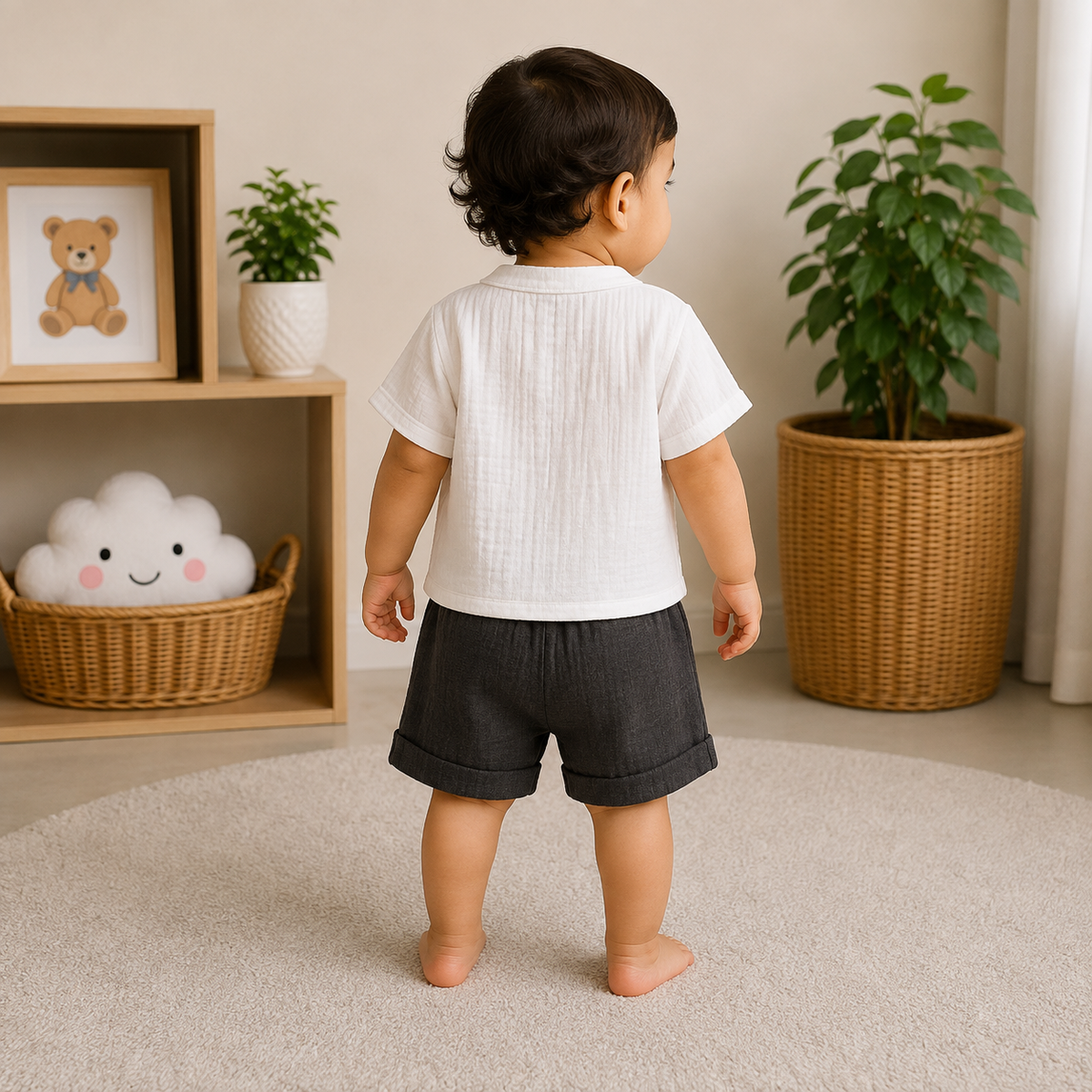 Back View of Smile Baby White and Dark Grey Muslin Cotton Baby Boys Co-Ord Set with Breathable Muslin Shirt and Dark Grey Shorts for Babies 3 Months to 3 Years