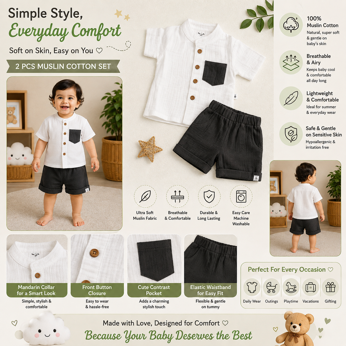 Smile Baby White and Dark Grey Muslin Cotton Baby Co-Ord Set featuring 100% muslin cotton fabric, Mandarin collar shirt, breathable shorts, lightweight comfort, elastic waistband, and sizes from 3 months to 3 years