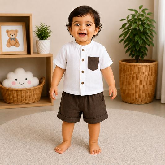 Smile Baby White and Brown Muslin Cotton Baby Boys Co-Ord Set with Mandarin Collar Half Sleeve Shirt and Brown Shorts for 3 Months to 3 Years