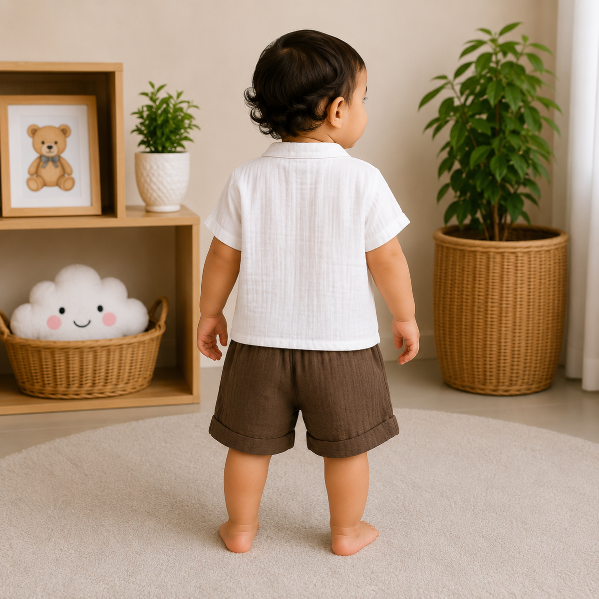 Back View of Smile Baby White and Brown Muslin Cotton Baby Boys Co-Ord Set with Soft White Shirt and Brown Shorts for Babies 3 Months to 3 Years