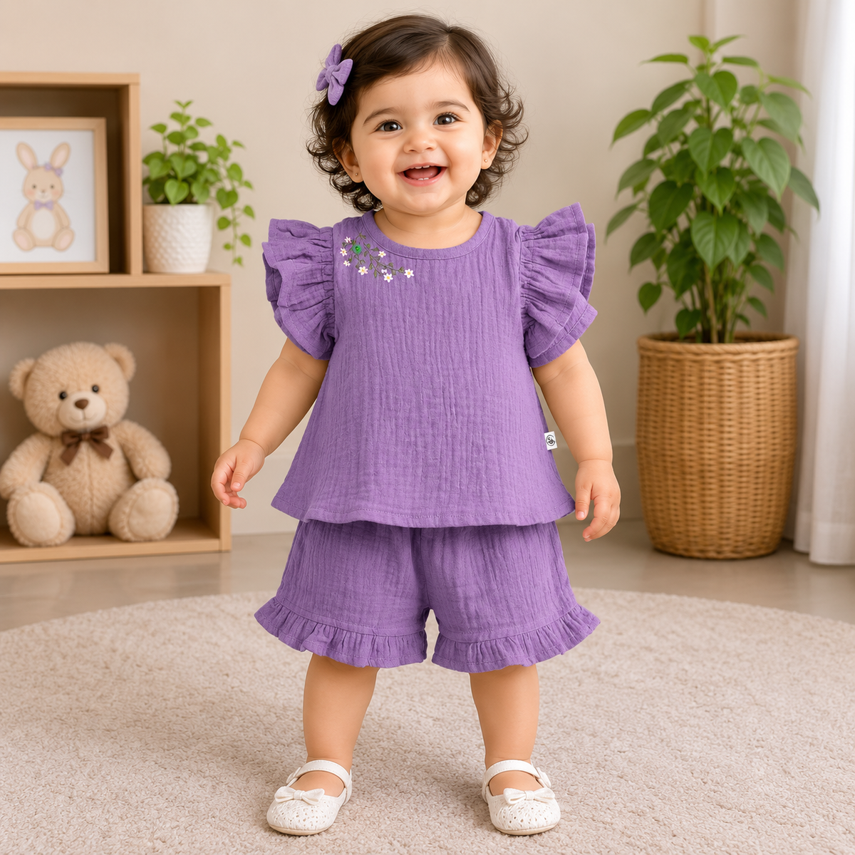 Smile Baby Purple Muslin Cotton Baby Girl Co-Ord Set Front View | Soft Ruffle Sleeve Summer Clothing with Floral Embroidery