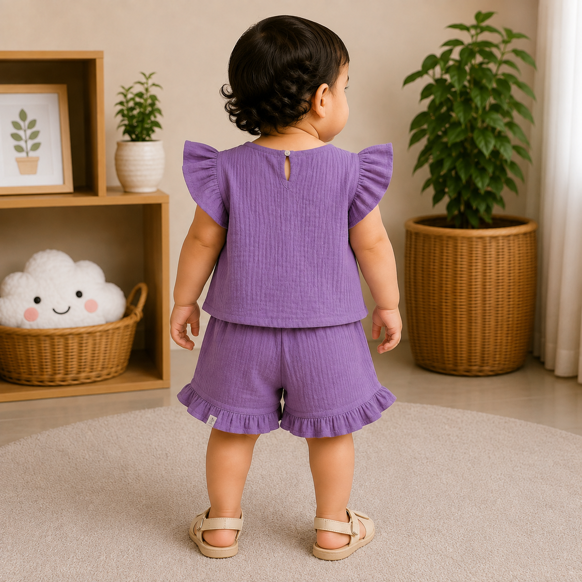 Smile Baby Purple Muslin Cotton Baby Girl Co-Ord Set Back View | Comfortable Cotton Shorts Set for Babies and Toddlers