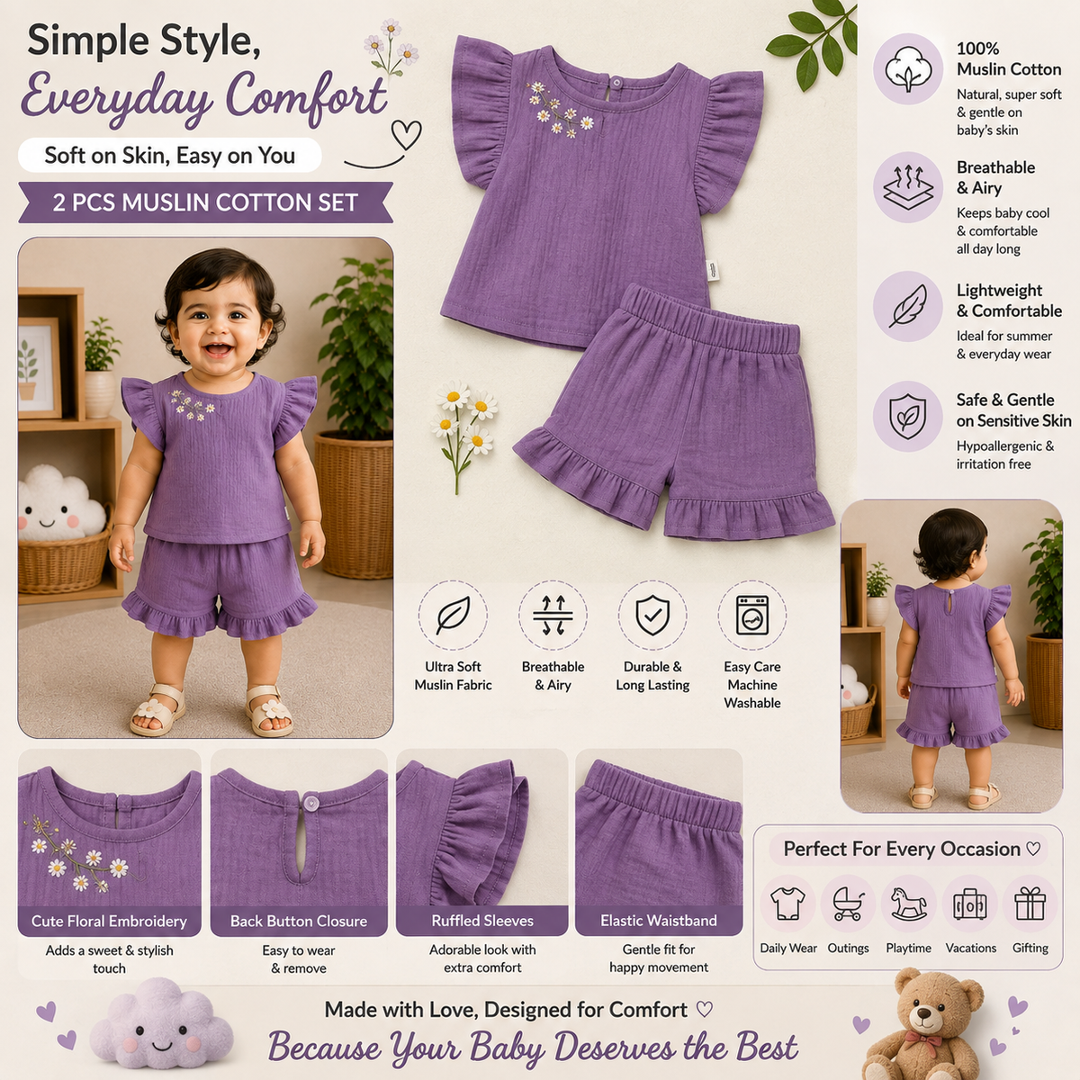 Smile Baby Muslin Cotton Baby Girl 2-Piece Co-Ord Set Infographic | White, Purple & Onion Pink | Premium Soft Cotton Outfit for Newborn to 3 Years