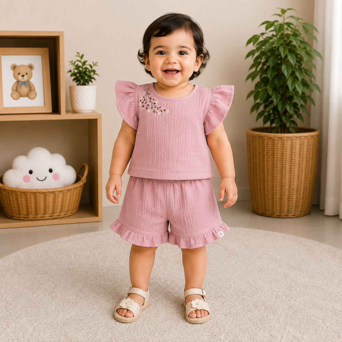 Smile Baby Onion Pink Muslin Cotton Baby Girl Co-Ord Set Front View | Breathable Cotton Summer Wear for Babies