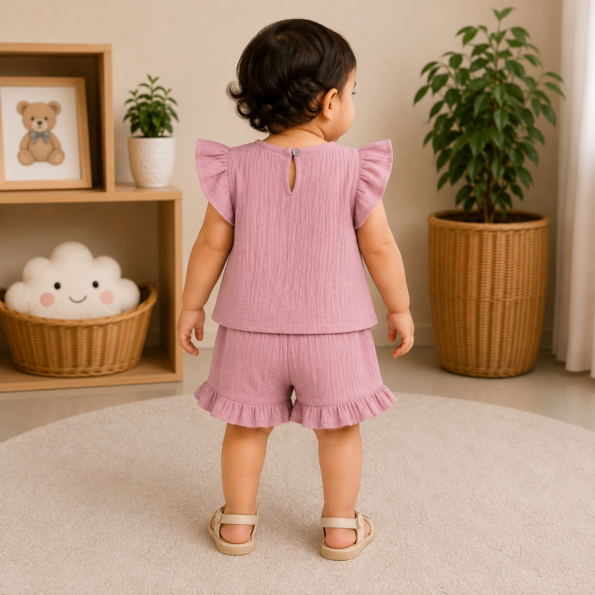 Smile Baby Onion Pink Cotton Baby Girl Top and Shorts Back View | Lightweight Muslin Outfit for Newborn to 3 Years