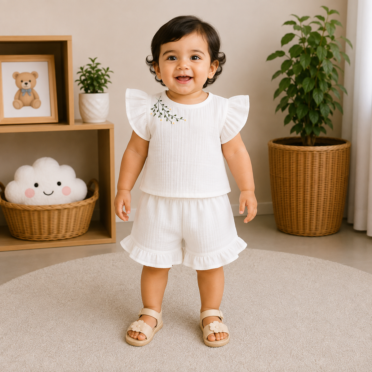 Smile Baby White Muslin Cotton Baby Girl Co-Ord Set Front View with Floral Embroidery | Soft Summer Outfit for Newborn to 3 Years