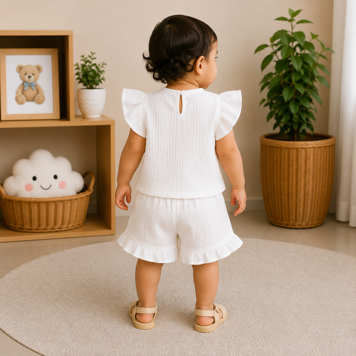 Smile Baby White Muslin Cotton Baby Girl Co-Ord Set Back View | Ruffle Sleeve Cotton Top and Shorts for Newborn to 3 Years