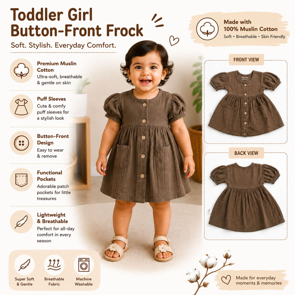 Smile Baby premium muslin cotton baby girl frock infographic showing front view, back view, breathable fabric, puff sleeves, button front and pockets