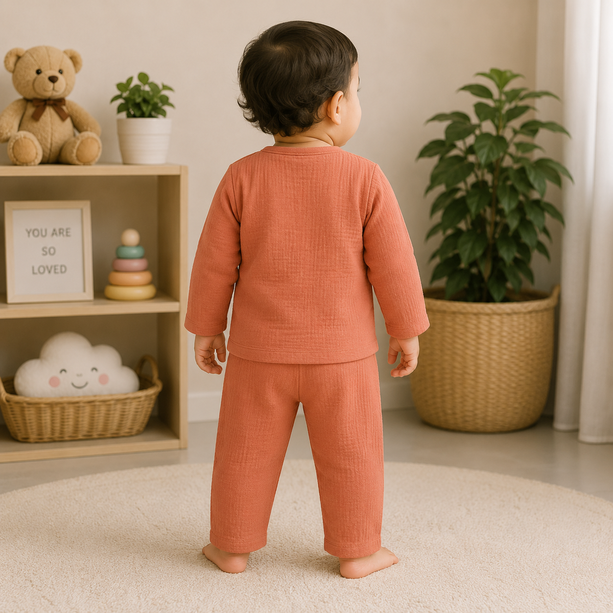 Back View of Smile Baby Unisex Orange Muslin Cotton Co-Ord Set for Babies and Toddlers