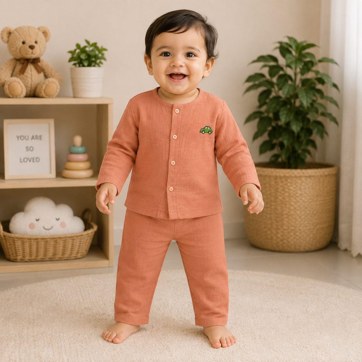Smile Baby Unisex Orange Muslin Cotton Full Sleeve Co-Ord Set Front View with Cute Car Embroidery