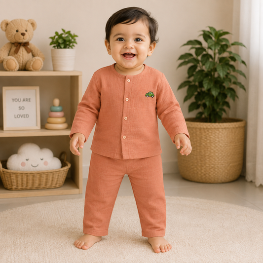Smile Baby Unisex Orange Muslin Cotton Full Sleeve Co-Ord Set Front View with Cute Car Embroidery