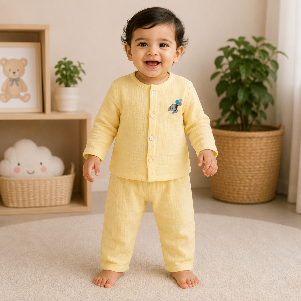 Smiling baby wearing a pastel yellow muslin cotton two-piece outfit with a button-front top, elephant embroidery, and matching elastic waist pants in a cozy nursery setting.
