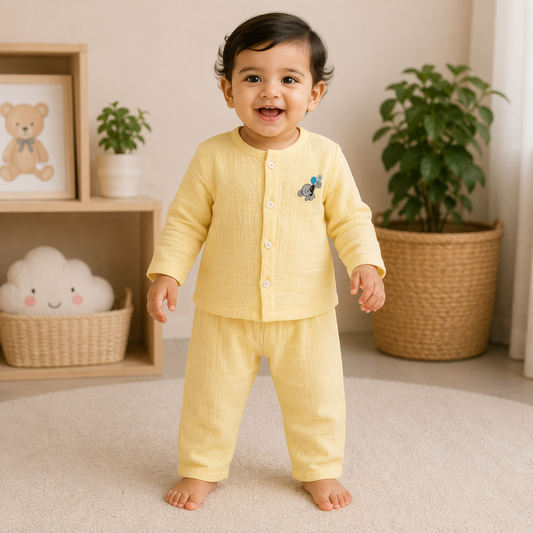 Smiling baby wearing a pastel yellow muslin cotton two-piece outfit with a button-front top, elephant embroidery, and matching elastic waist pants in a cozy nursery setting.