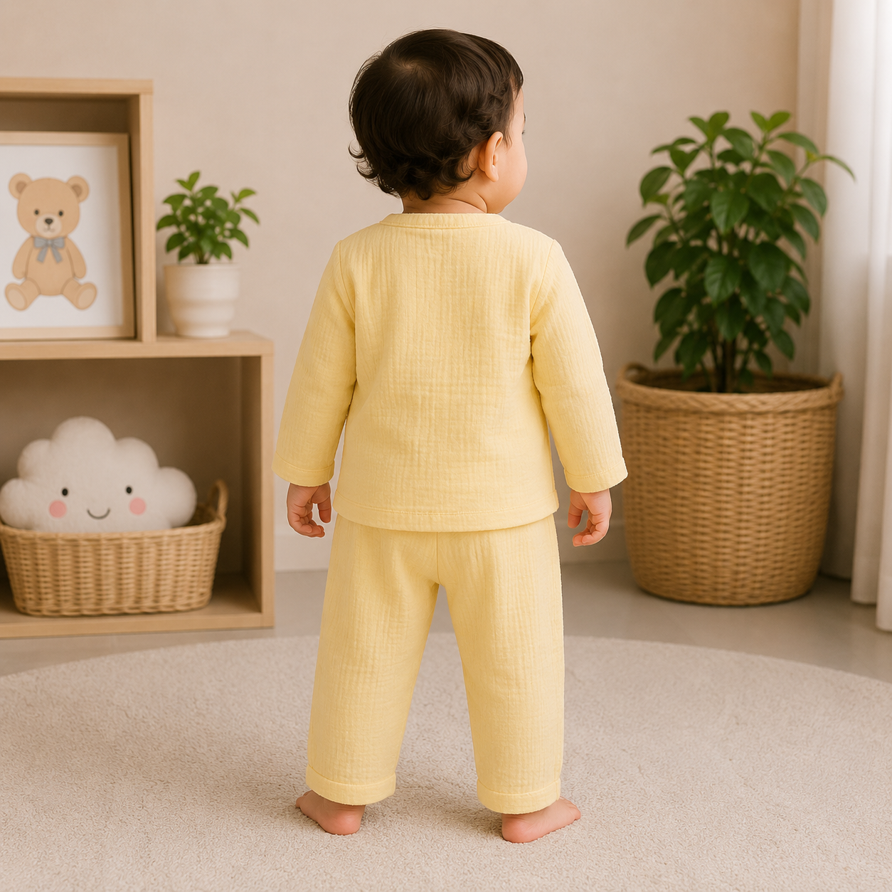 Back view of a baby wearing a pastel yellow muslin cotton co-ord set with full sleeves and matching pants, showcasing the comfortable fit and soft breathable fabric.