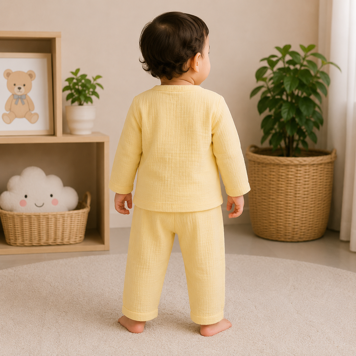 Back view of a baby wearing a pastel yellow muslin cotton co-ord set with full sleeves and matching pants, showcasing the comfortable fit and soft breathable fabric.