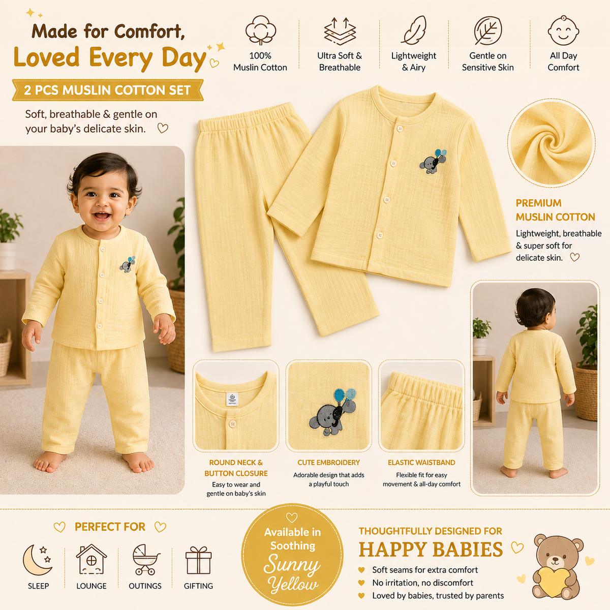 Premium yellow muslin cotton baby clothing set infographic featuring a soft button-front top, elastic waist pants, breathable fabric, embroidery detail, and comfort features for newborns and toddlers.
