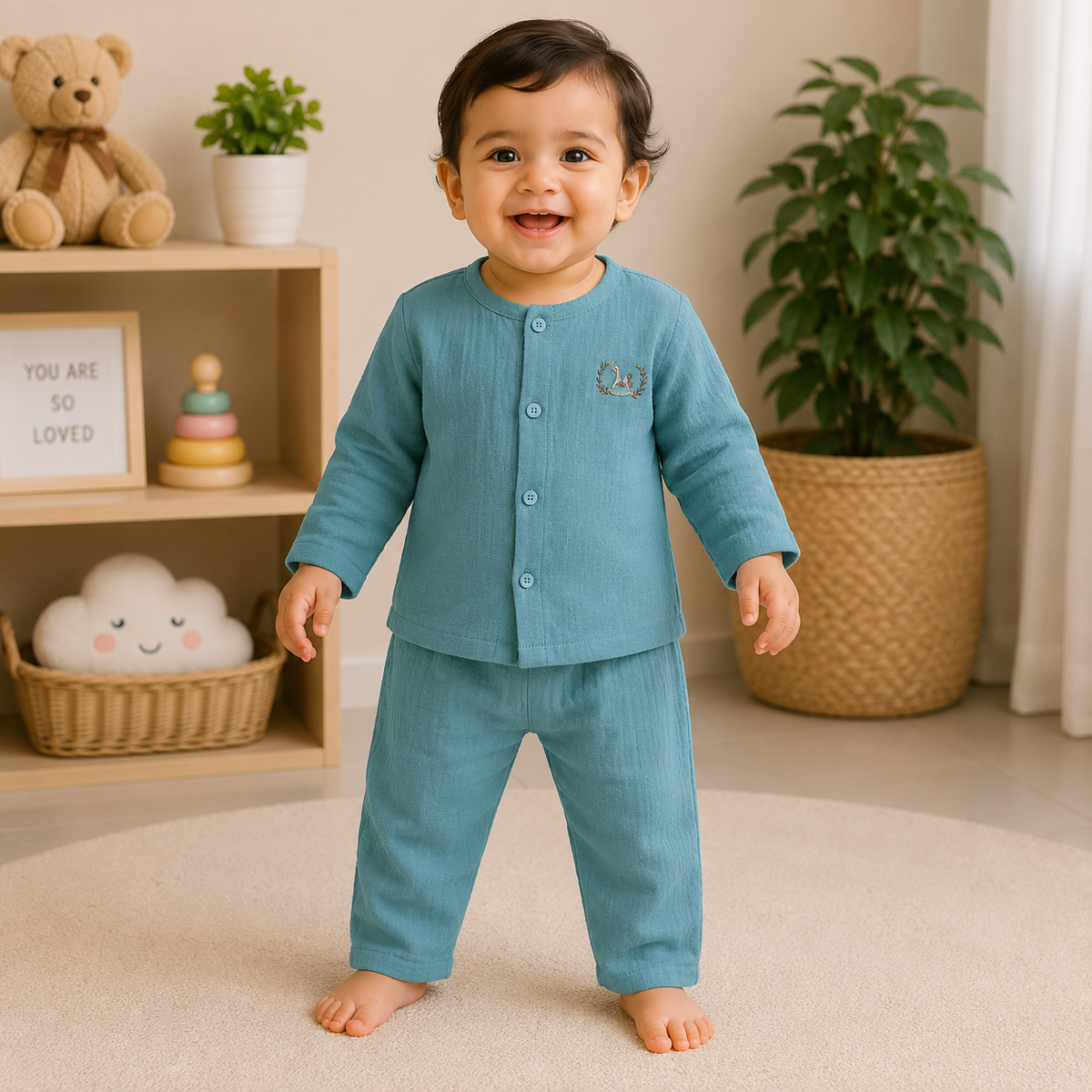 Smile Baby Unisex Powder Blue Muslin Cotton Co-Ord Set Front View with Cute Swan Embroidery for Babies