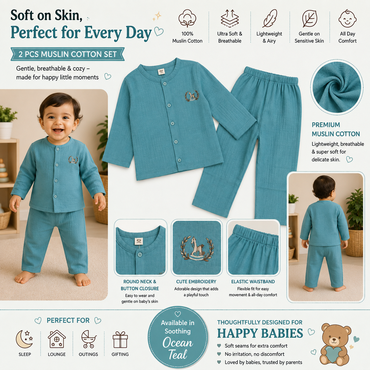 Smile Baby Powder Blue Muslin Cotton Co-Ord Set Features Showing Premium Muslin Fabric, Swan Embroidery, Button Closure, Elastic Waistband and Breathable Design
