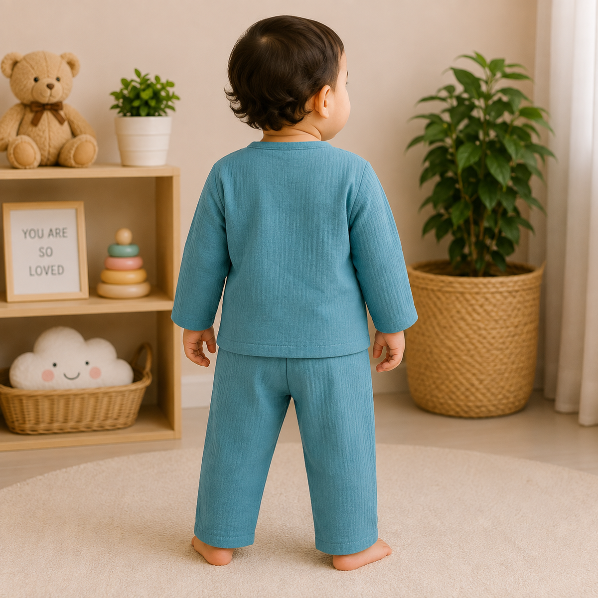 Back View of Smile Baby Powder Blue Muslin Cotton Full Sleeve Co-Ord Set for Babies and Toddlers