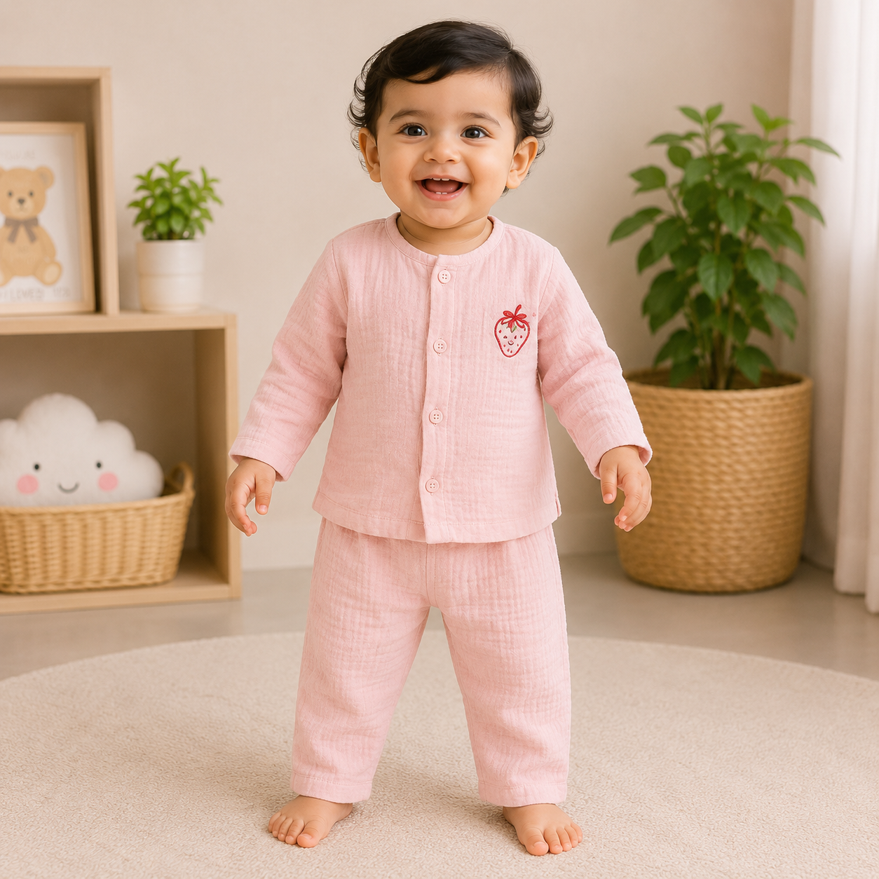 Baby wearing a PEACH muslin cotton co-ord clothing set with long sleeves, front button closure, strawberry embroidery, and matching elastic waist pants.