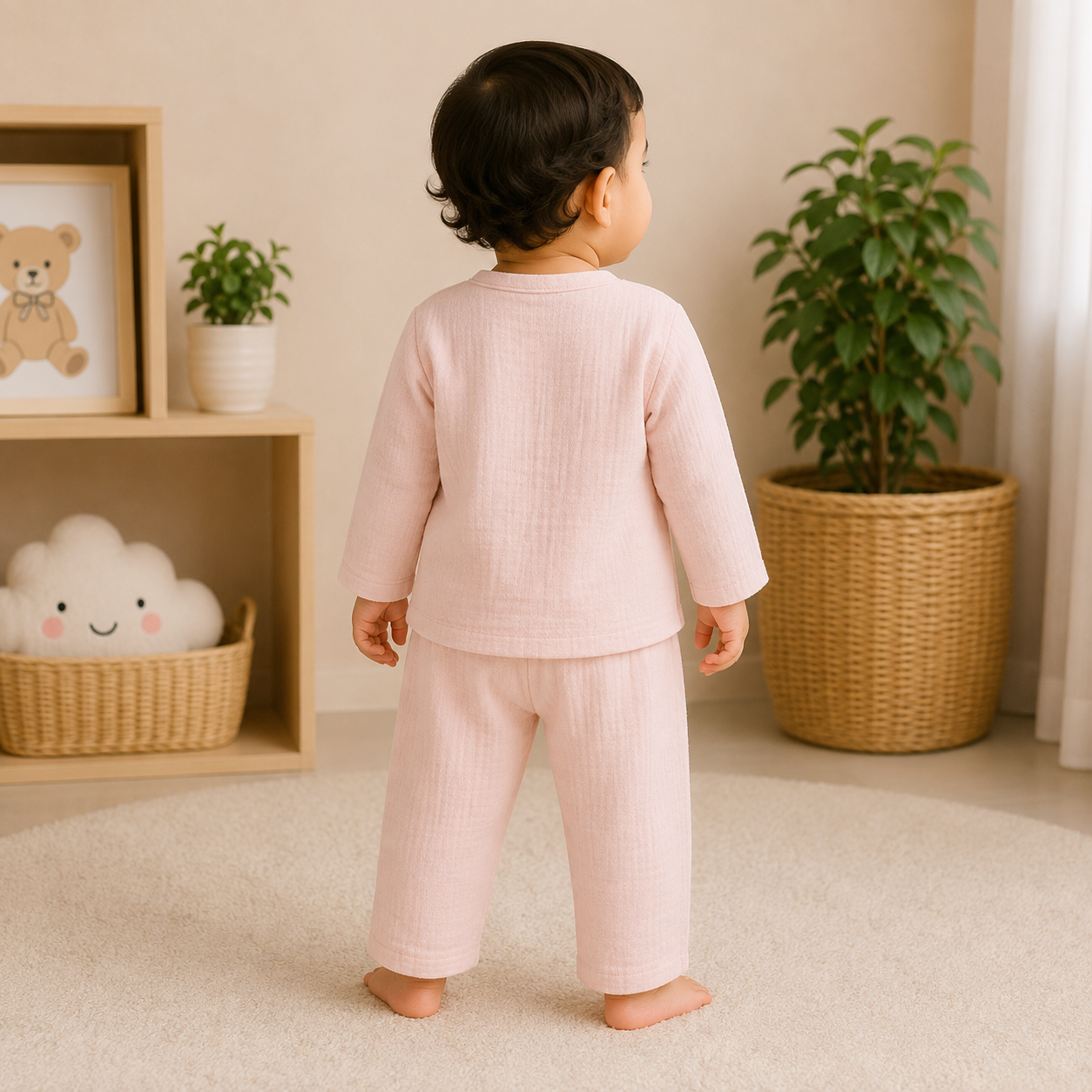 Back view of a baby wearing a PEACH muslin cotton two-piece outfit with a plain long sleeve top and matching soft cotton pants.