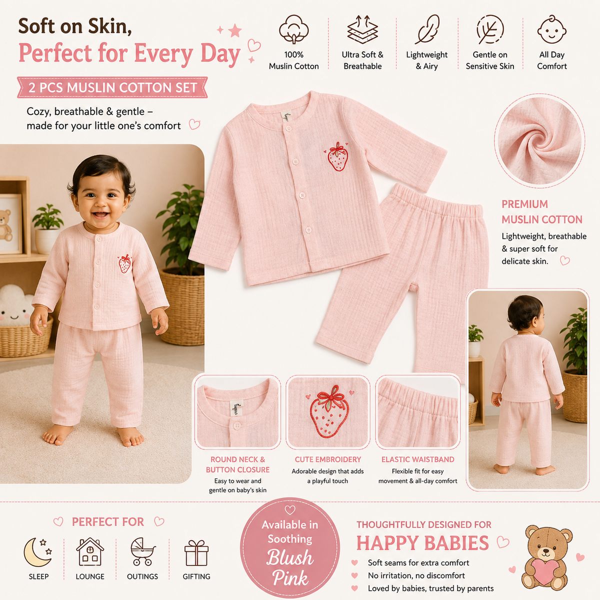 PEACH baby muslin cotton clothing set infographic featuring front and back views, breathable fabric, round neck, button closure, strawberry embroidery, elastic waistband, and everyday comfort features.