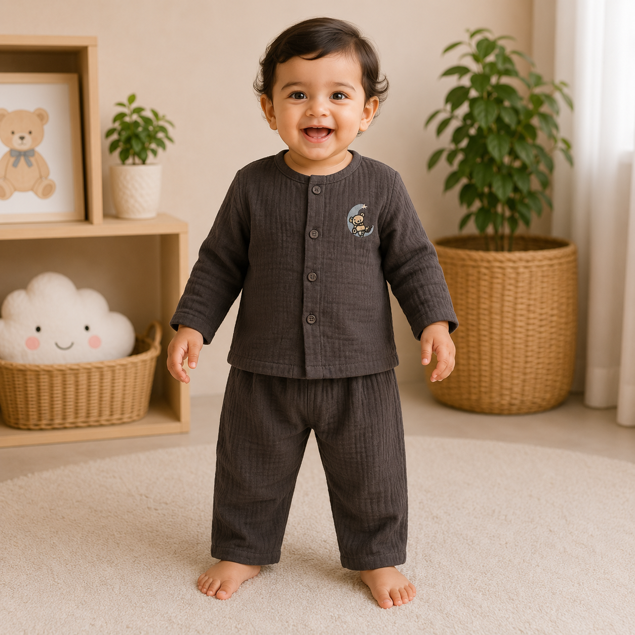 Smile Baby Unisex Brown Muslin Cotton Full Sleeve Co-Ord Set Front View on Baby Model
