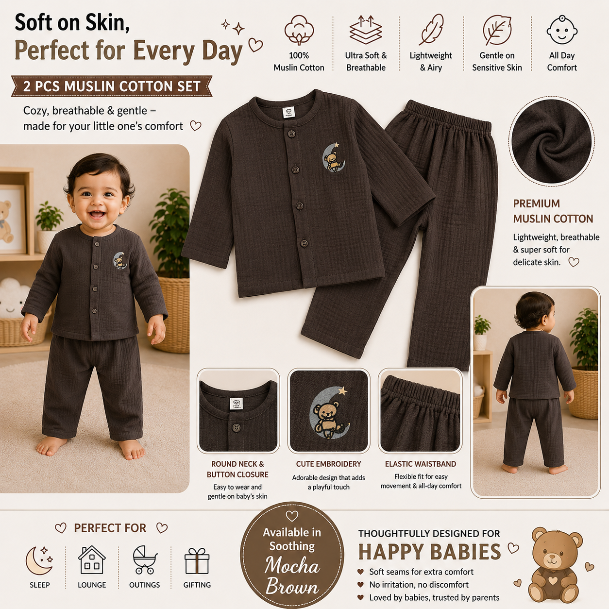 Smile Baby Unisex Brown Muslin Cotton Co-Ord Set Features Infographic with Teddy Embroidery Soft Muslin Fabric and Elastic Waistband