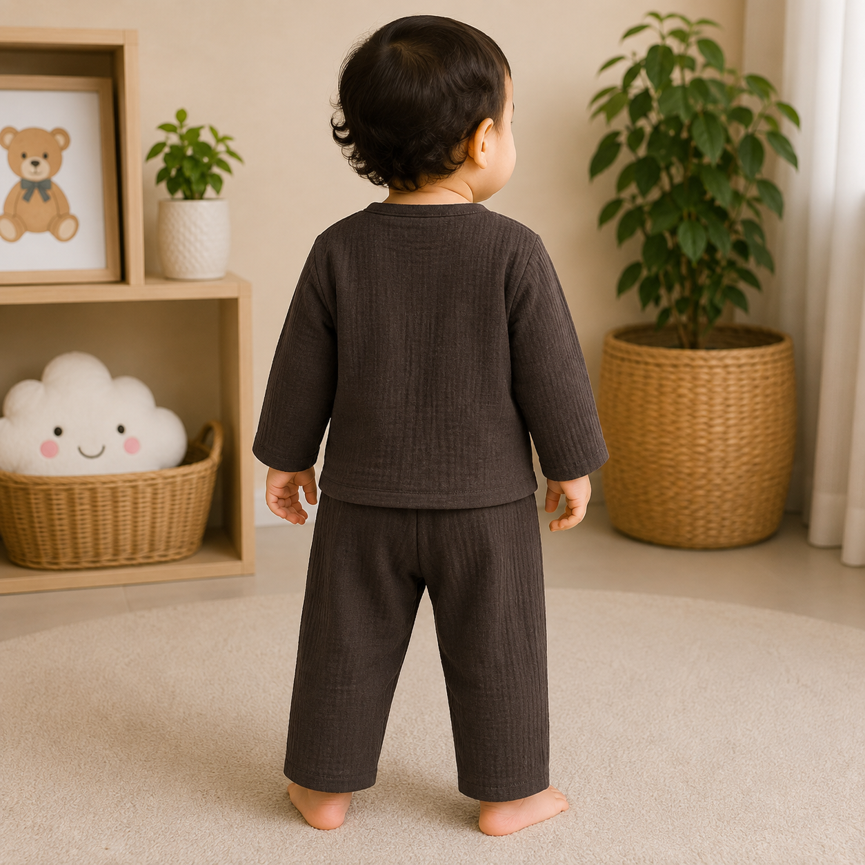 Back View of Smile Baby Unisex Brown Muslin Cotton Co-Ord Set with Full Sleeves for Babies and Toddlers
