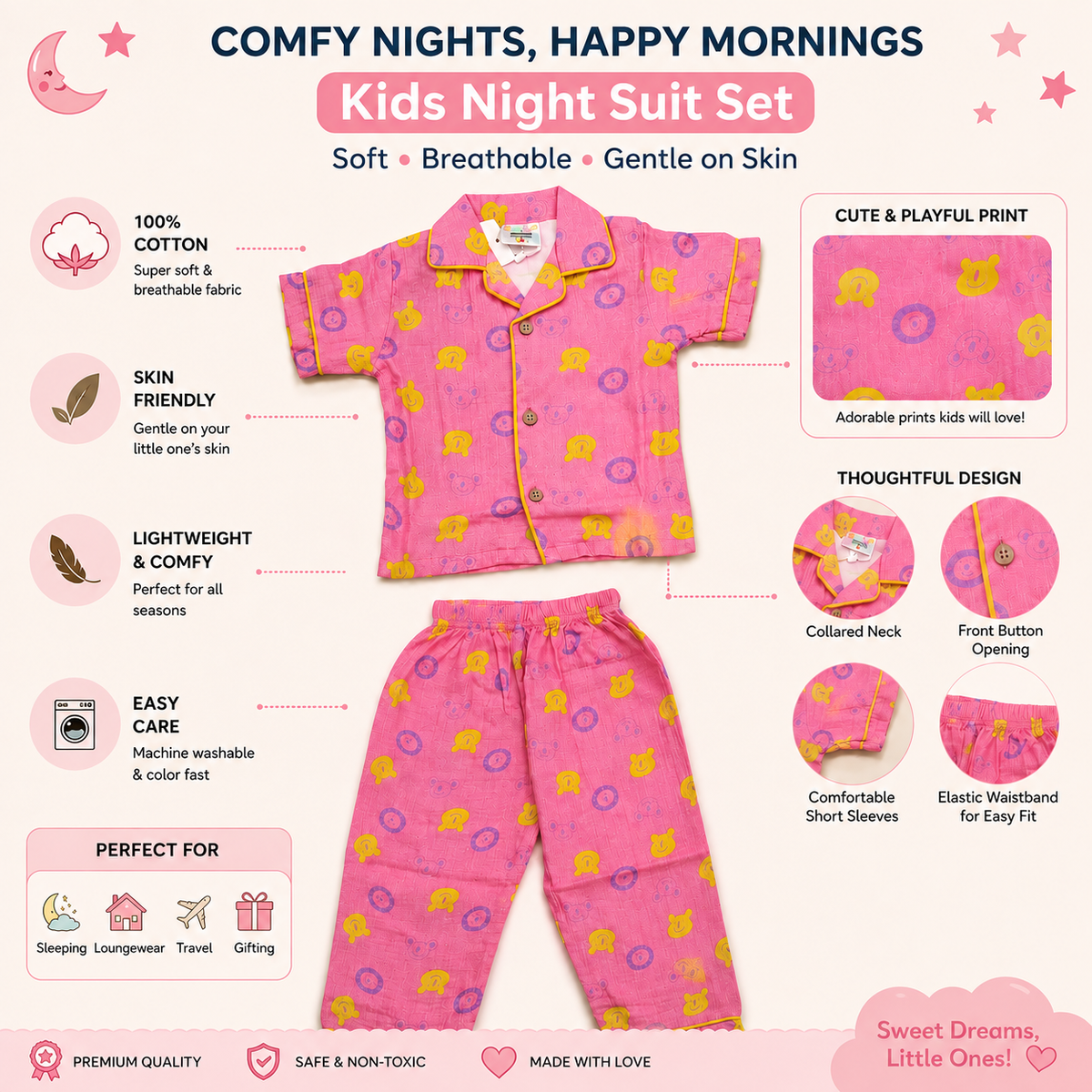 Smile Baby Pink Cotton Kids Night Suit Set Product Features Infographic Showing Soft Fabric, Front Button, Half Sleeves, Elastic Waistband and Cute Printed Design