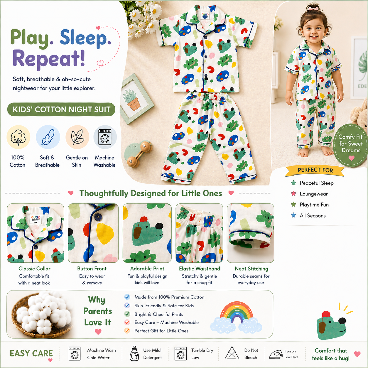 Smile Baby boys cream cotton night suit set with playful animal print, half sleeve button shirt and pajama, features infographic