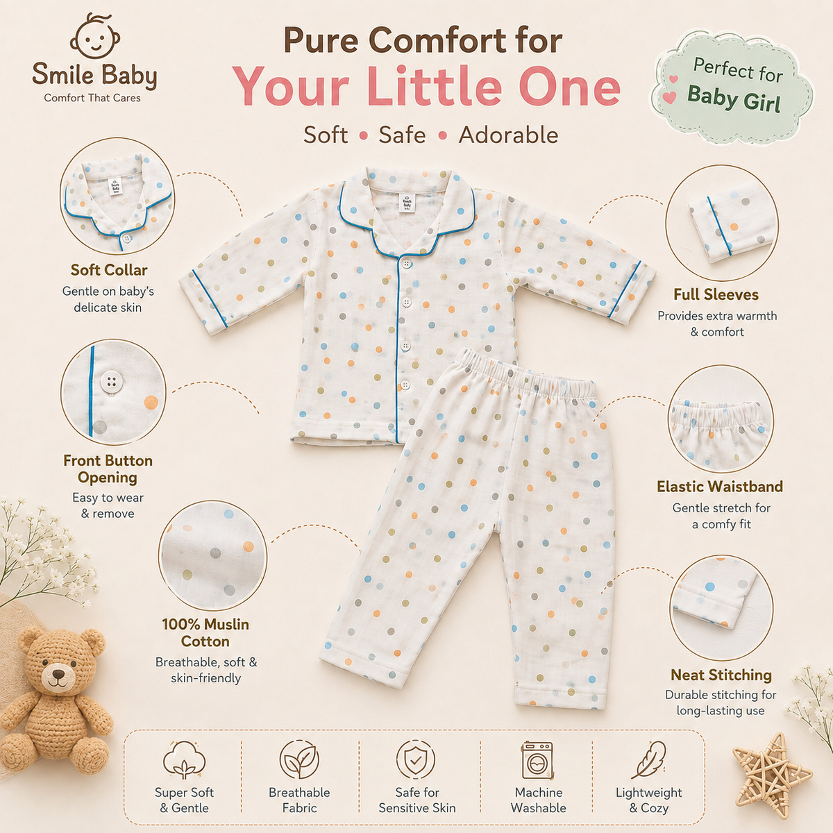 Smile Baby Girls Muslin Cotton Full Sleeve Night Suit Infographic with Collar Button Closure Elastic Waistband and Muslin Fabric
