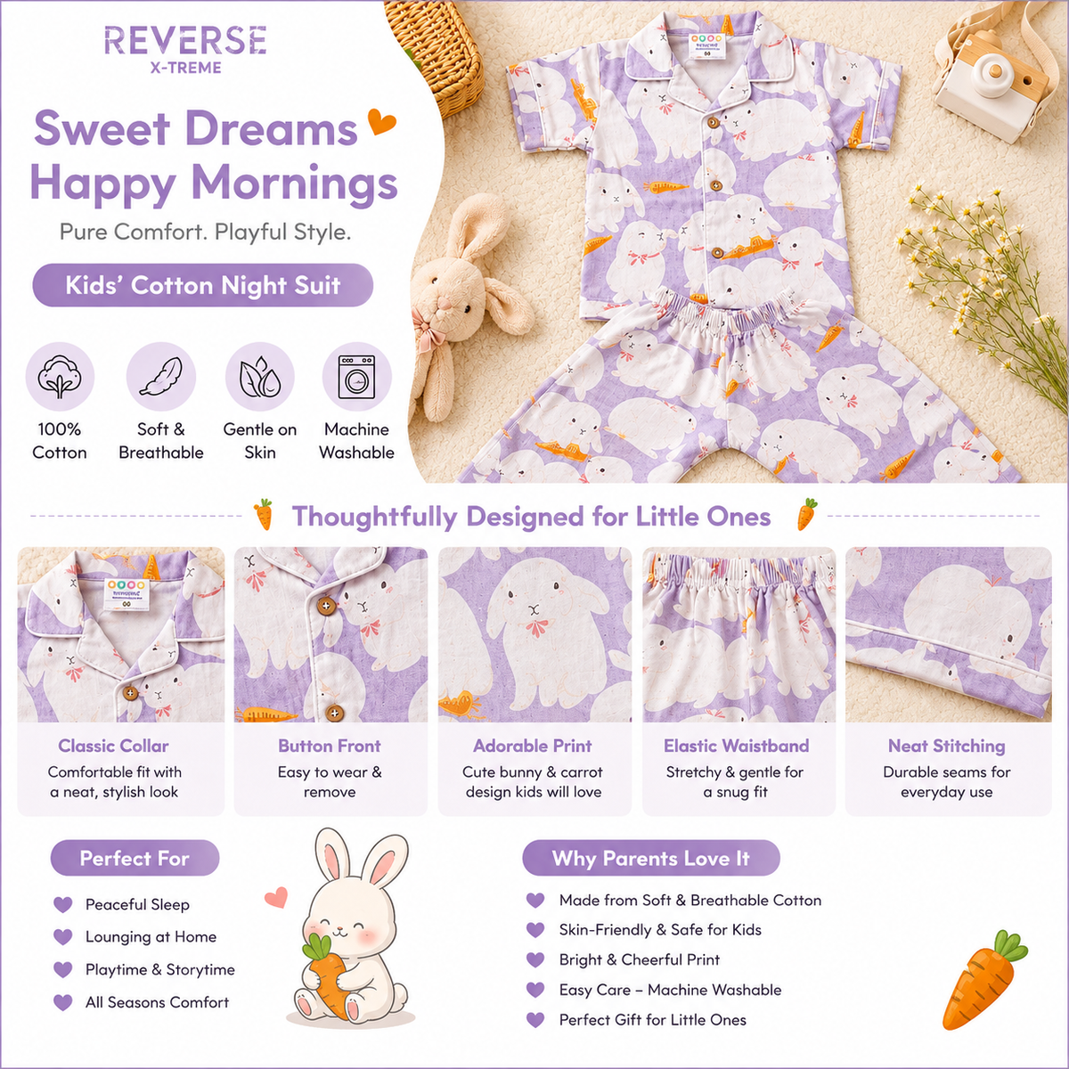 Smile Baby girls purple premium cotton night suit set with cute bunny print and product feature infographic