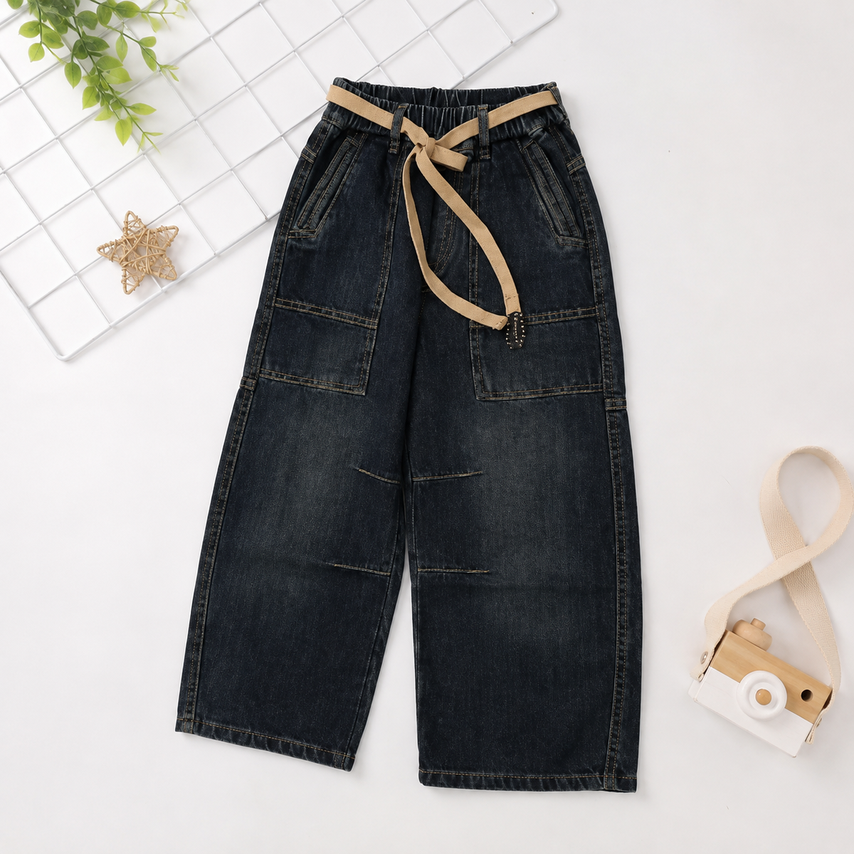 COOLEST TINT boys dark denim wide leg jeans front flat lay with drawstring waist and multiple pockets