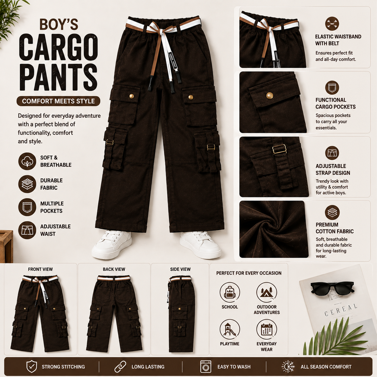 Smile Baby boys cargo pants product infographic showing multiple pockets, elastic waistband, adjustable straps and front back side views