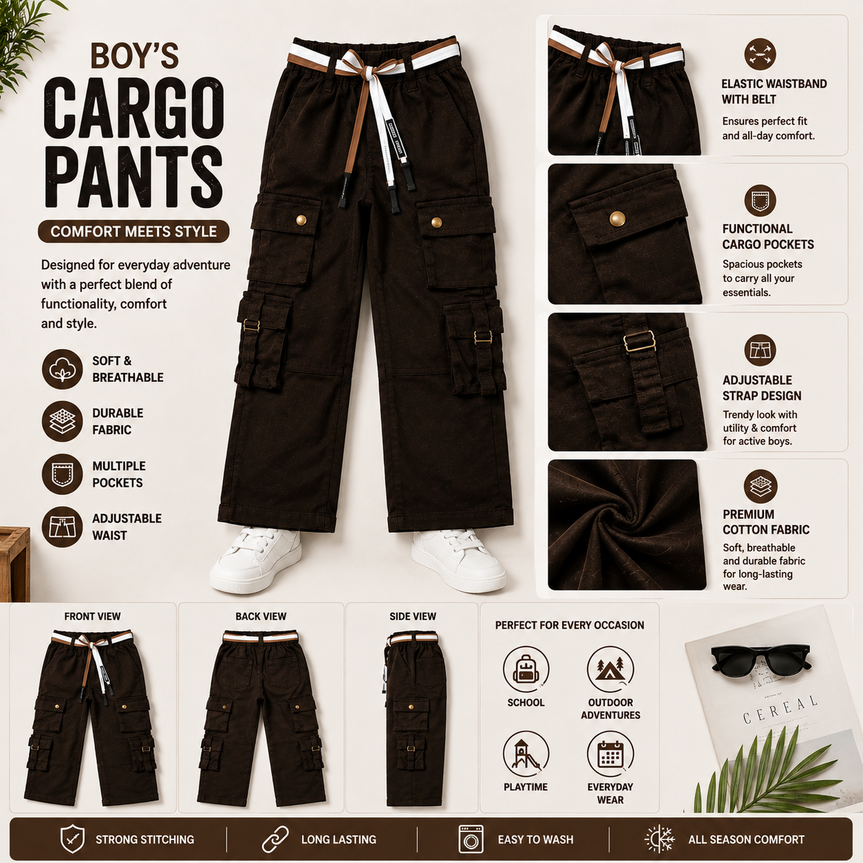 Smile Baby boys cargo pants product infographic showing multiple pockets, elastic waistband, adjustable straps and front back side views