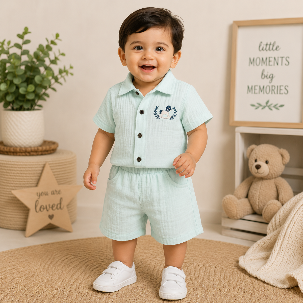 Smile Baby baby boy P. green shirt and shorts set front view with embroidered rocking horse design
