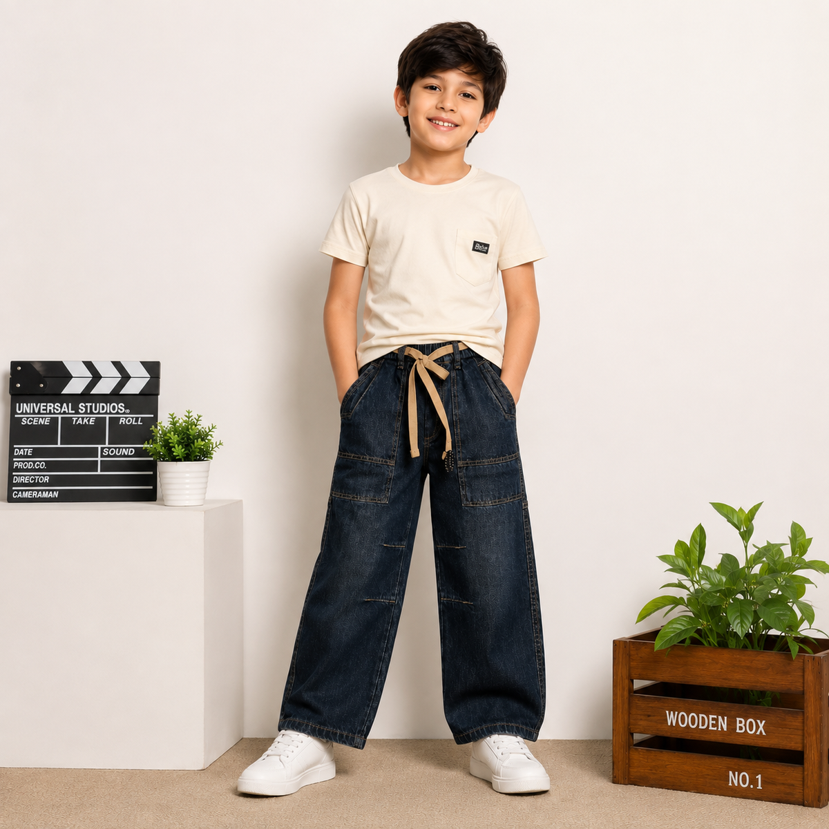 COOLEST TINT boys wide leg denim jeans modeled by a young boy in casual studio setting