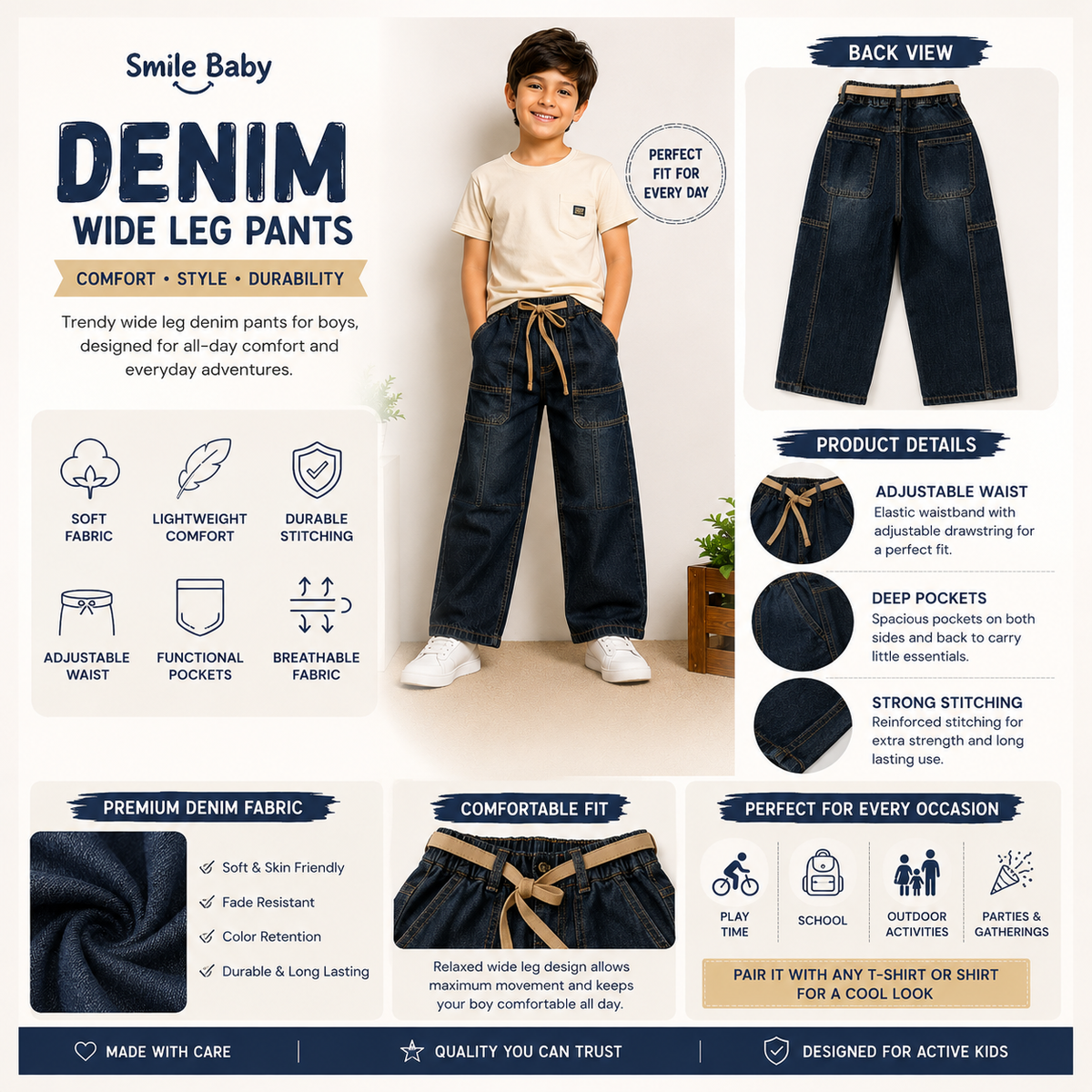COOLEST TINT boys wide leg denim jeans infographic showing adjustable waist pockets durable stitching and relaxed fit