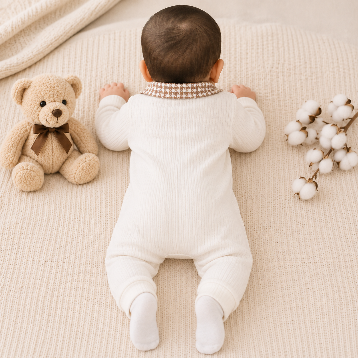 Baby boy wearing cream ribbed romper back view with checked collar