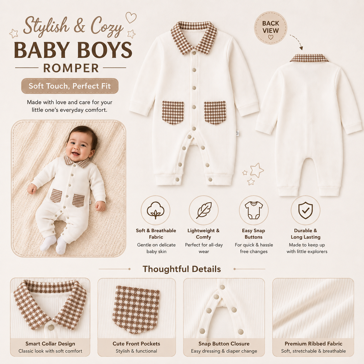 Smile Baby cream ribbed baby boy romper A+ content, newborn to 9 months