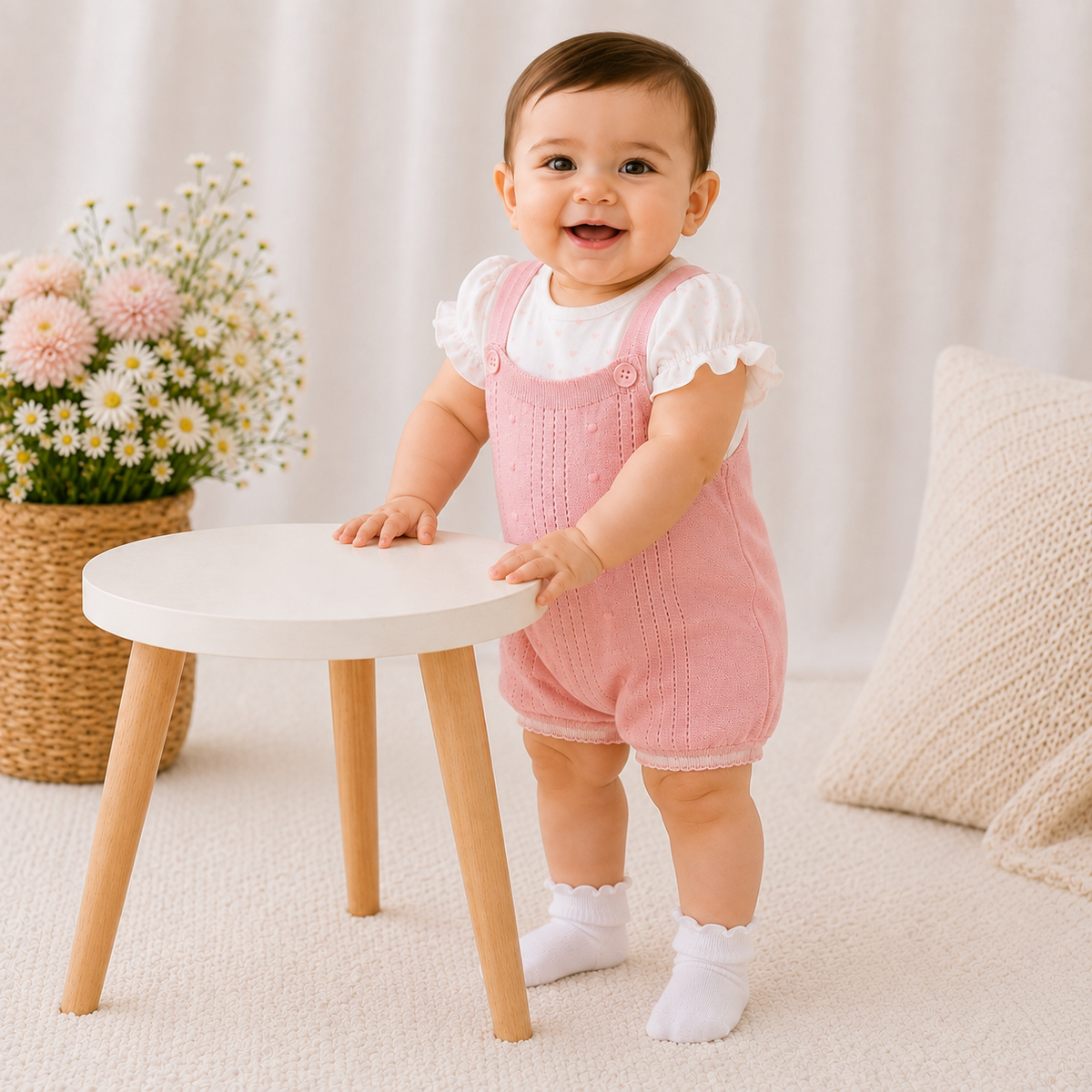 Baby girl wearing pink knitted romper front view, Smile Baby baby clothing