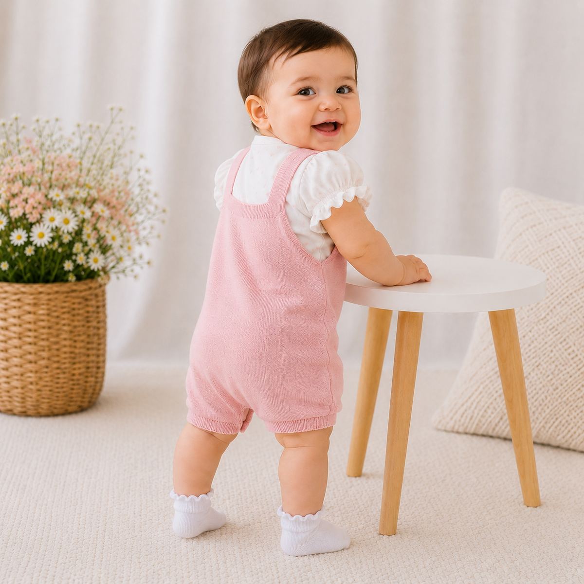 Baby girl wearing pink knitted romper back view, Smile Baby outfit