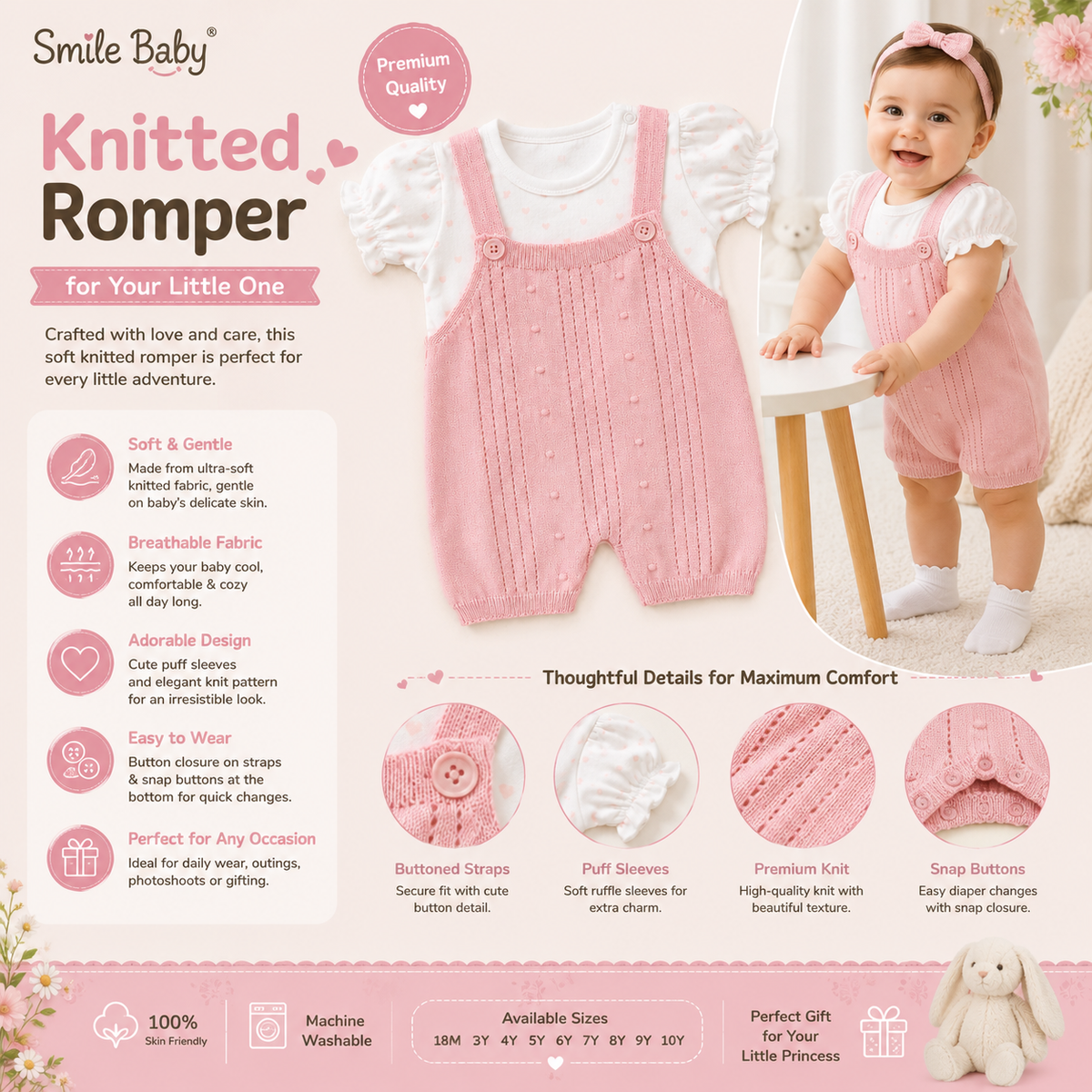 Smile Baby baby girl knitted romper A+ content in pista green and pink, newborn to 9 months