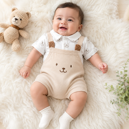 Toffy House Baby Boy Off White Bear Collared Romper Set | NB to 9 Months