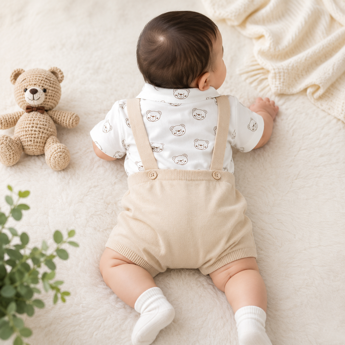 Toffy House Baby Boy Off White Bear Collared Romper Set | NB to 9 Months 