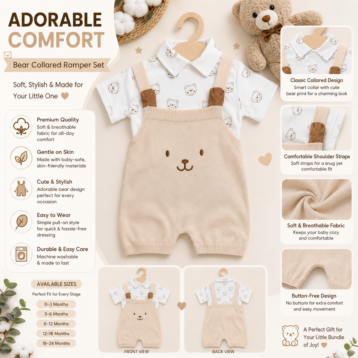 Toffy House Baby Boy Off White Bear Collared Romper Set | NB to 9 Months 