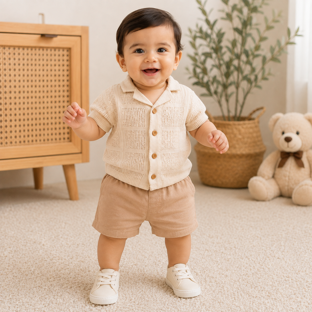 TOFFY HOUSE baby boy wearing off white knit collar shirt and matching shorts set front view